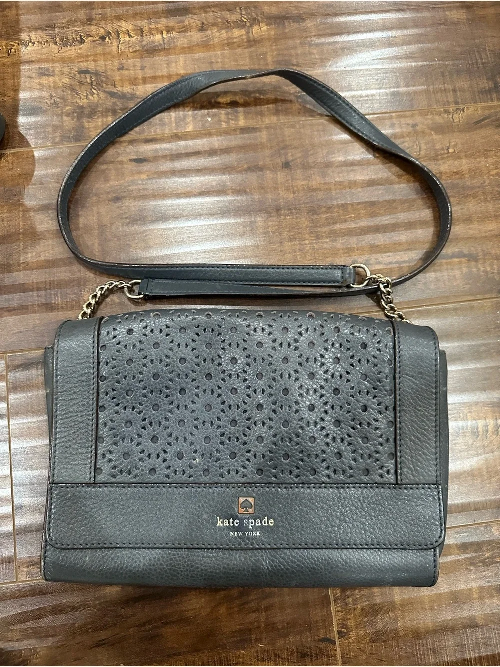 kate spade navy blue perforated floral leather shoulder bag with chain strap